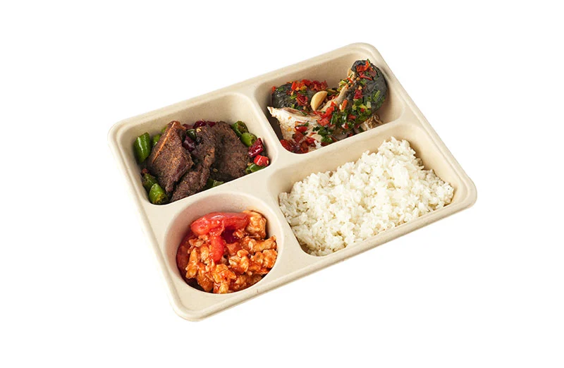 4 Compartments, Sugarcane Pulp Lunch Box For Soup