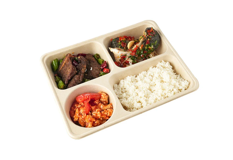 4 Compartments, Sugarcane Pulp Lunch Box For Soup