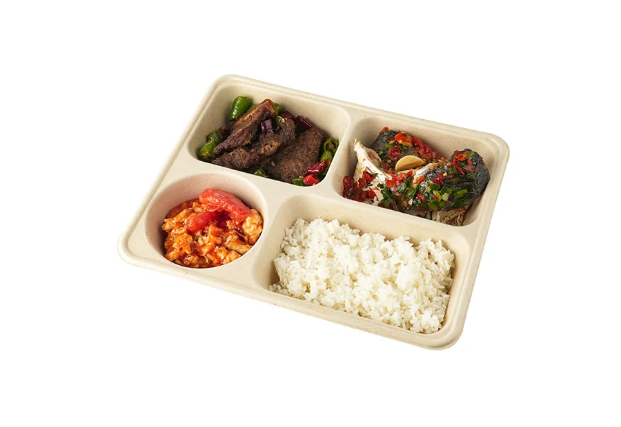 4 Compartments, Sugarcane Pulp Lunch Box For Soup