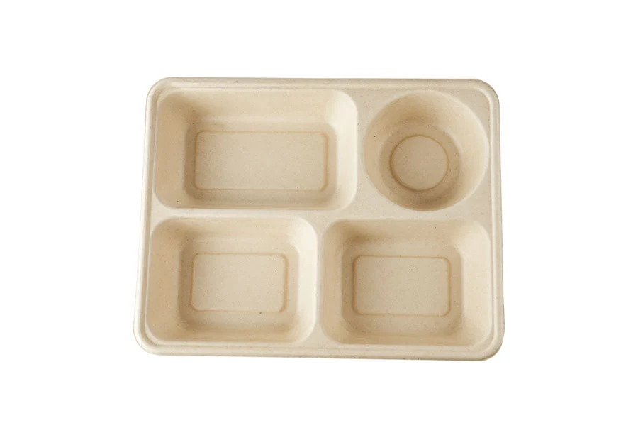 4 Compartments, Sugarcane Pulp Lunch Box For Soup