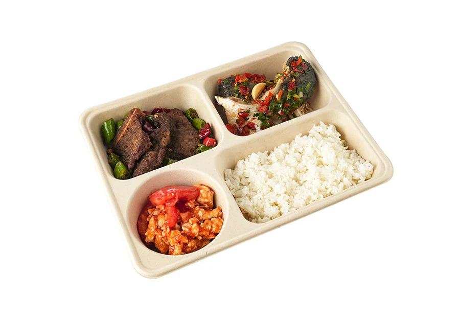 4 Compartments, Sugarcane Pulp Lunch Box For Soup